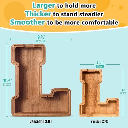 Miniatura 4 de SummiDate Alcancía de madera para niños y adultos, tamaño grande, letras del alfabeto A-Z, para niños y niñas, monedas y billetes, con nombre