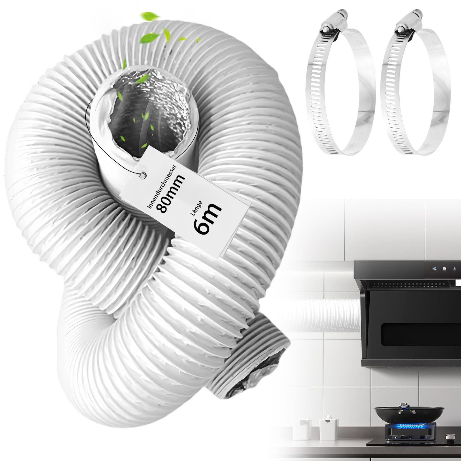 Abluftschlauch Ø80mm Länge 6m Flexibel PVC Alurohr Klimageräte Lüftungsschlauch, Flex Schlauch Alu für Mobile Klimaanlage Wäschetrockner Abzugshaube Trockner