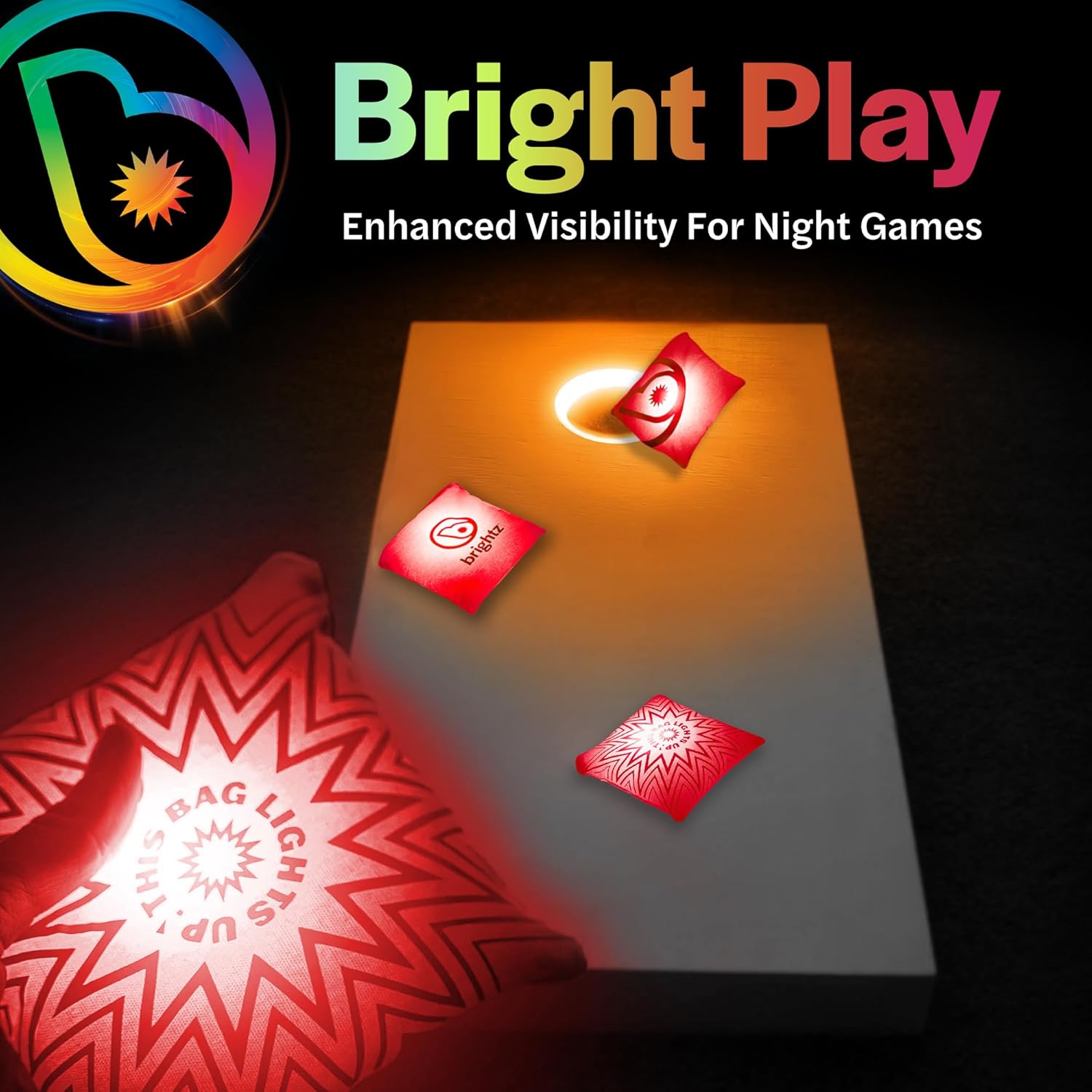 Brightz Premium Cornhole Ring Light with LED Bags - Includes 4-Pack of LED Cornhole Bags + RingBrightz Cornhole Ring Lights - The Ultimate Night Time Cornhole Master Set