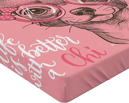 Miniatura 4 de Ambesonne Sábana bajera ajustable para perro, chica, chihuahua, boceto, ilustración, palabras, gafas de moda, cintas, cachorro, funda de cama con