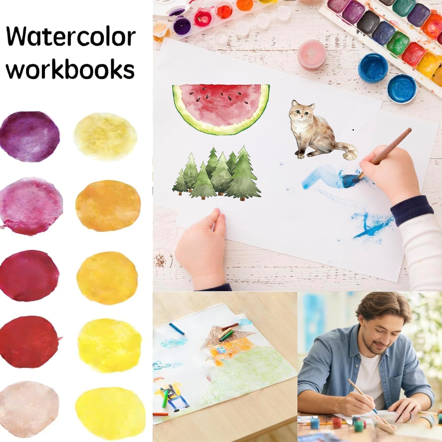Watercolor Workbooks,16 Spiral-Bound Pages Dispersed Watercolor Workbook for Beginners Adults, Arts and Crafts Supplies Gift (Cat Without Palette)
