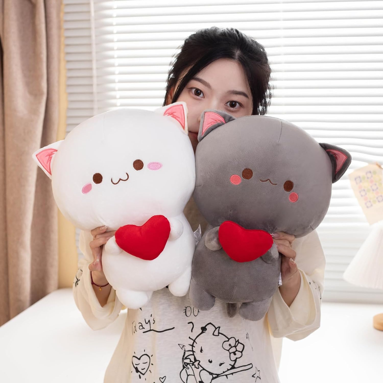Cute Cat Plush Toy, Super Soft Gray and White Cat Plush Toy, Plush Cat Stuffed Animals, Valentine's Day Gift, Sweet Romantic Cute Cat Plush Toy(2PCS)