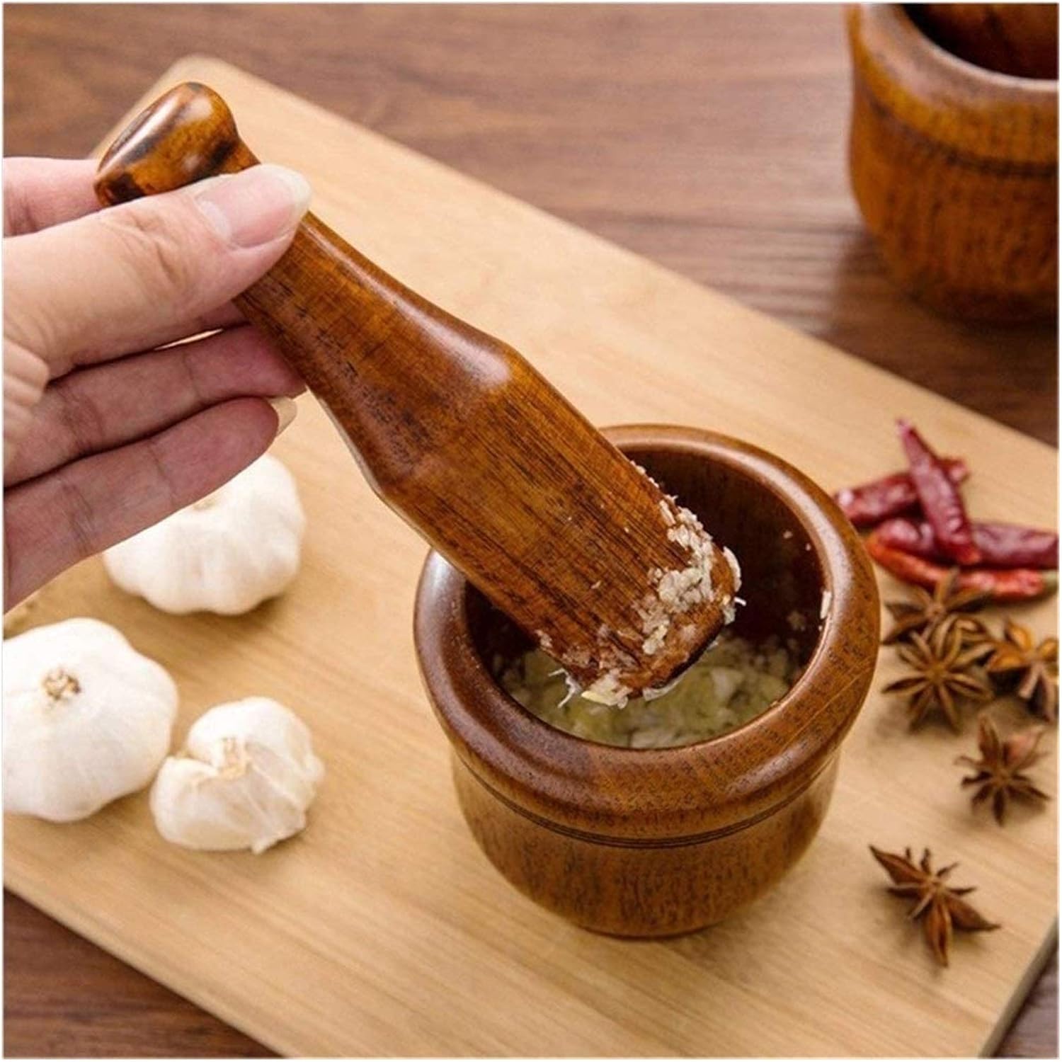 Bamboo Mortar and Pestle Garlic Press Ginger Crusher Spices Grindi