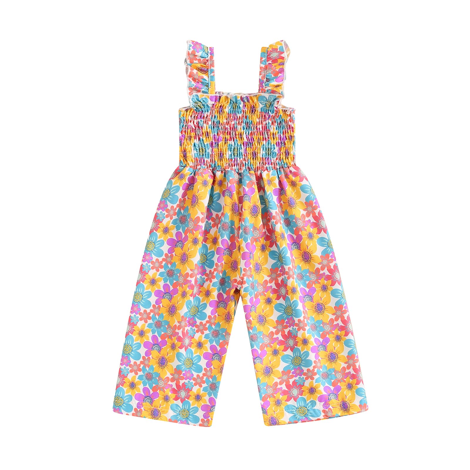 MAINESAKA Toddler Baby Girl Wide Leg Fly Sleeveless Ruffle Plaid Smocked Jumpsuit Pants Boho Flare Overalls Summer Clothes (C-Yellow, 2-3 Years)