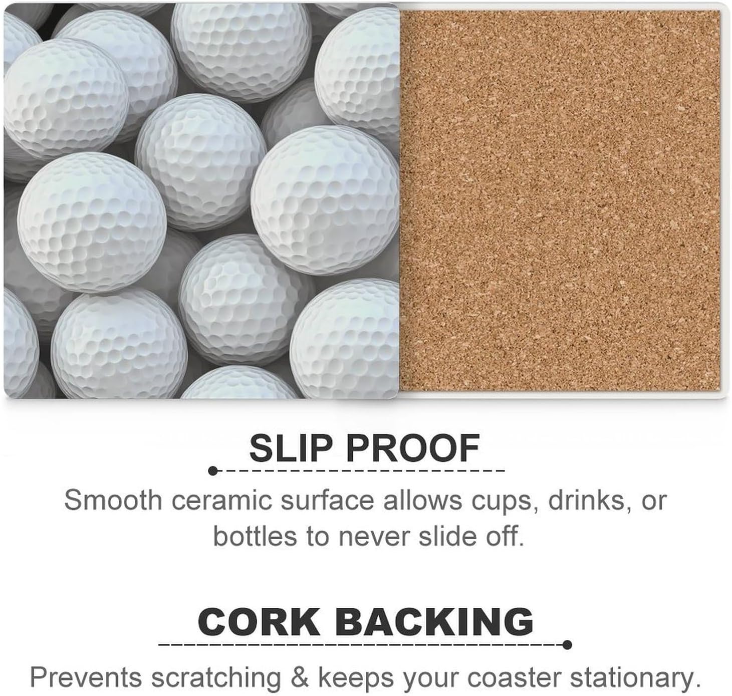 White Golf Balls Funny Ceramic Coasters for Drinks Absorbent Cup Holder Tabletop Protector with Cork Base