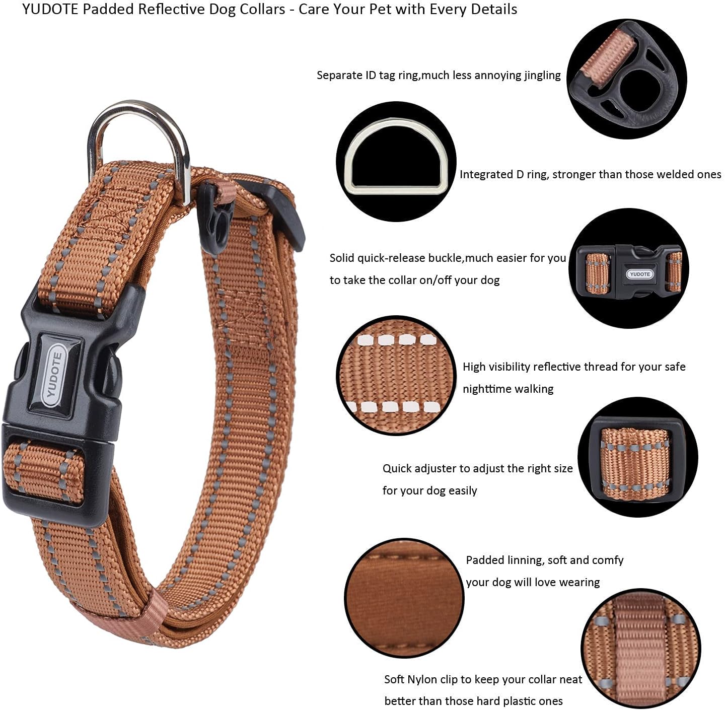 YUDOTE Dog Collar Strong Reflective Nylon Webbing with Soft Comfy Neoprene Padded Linning for Large Canines Daily Use,Brown - Image 4