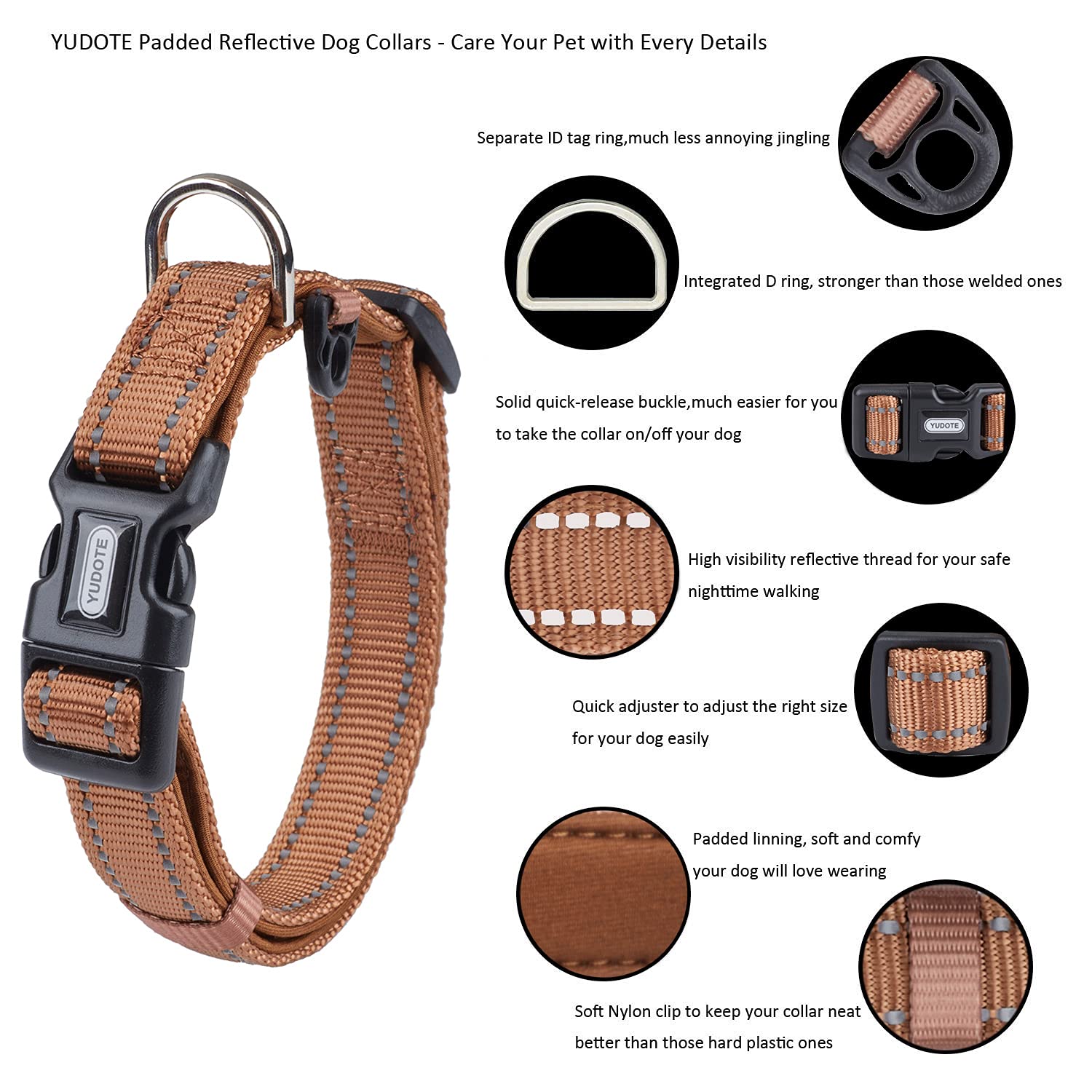 YUDOTE Collare per cani in nylon resistente riflettente con fodera imbottita in neoprene morbido e confortevole, per cani di taglia grande, uso quotidiano, marrone