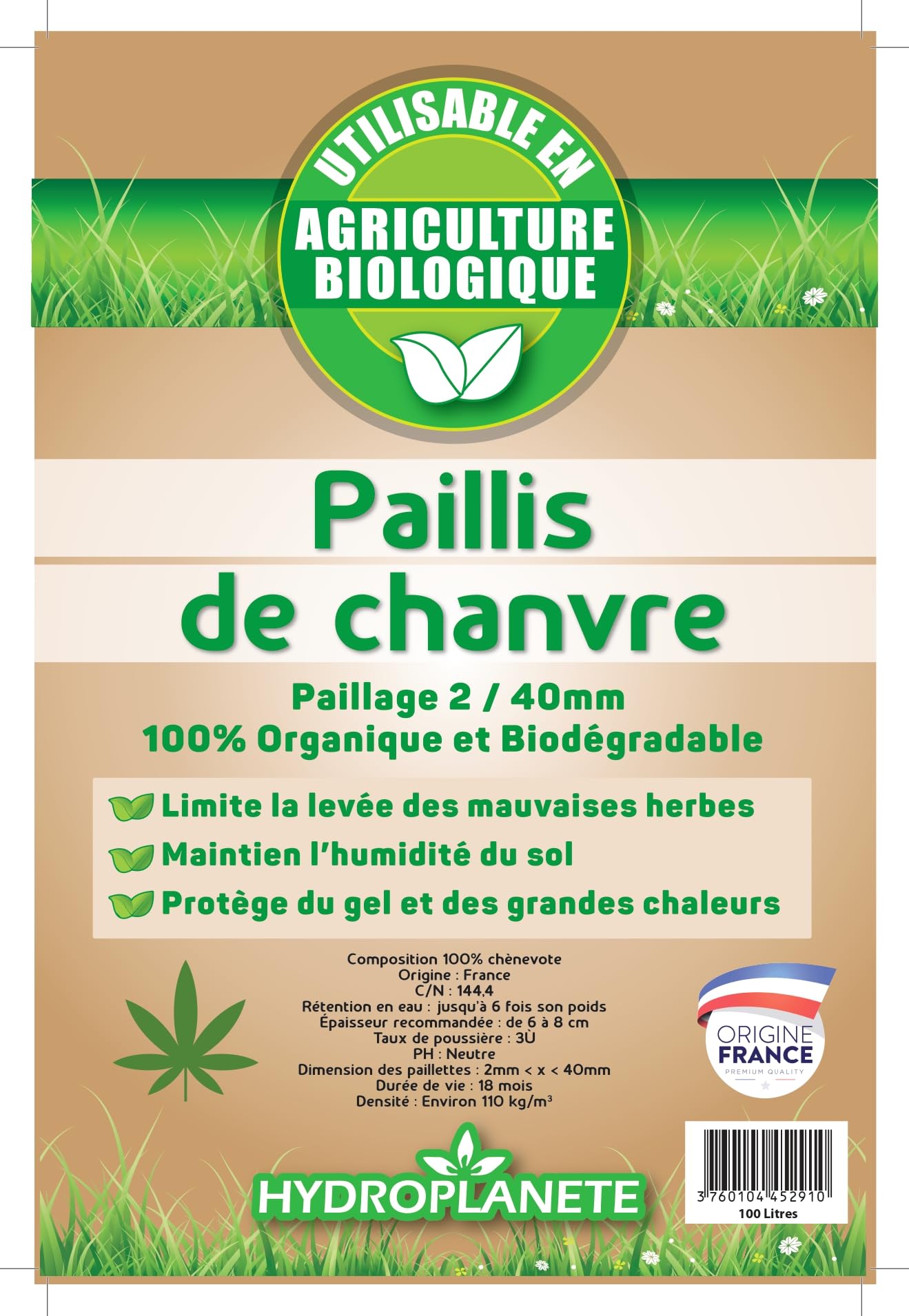 HYDROPLANETE Paillis de Chanvre 100% Naturel Sacs 5L 10L 20L 50L 100L 200L Agriculture Biologique Potager