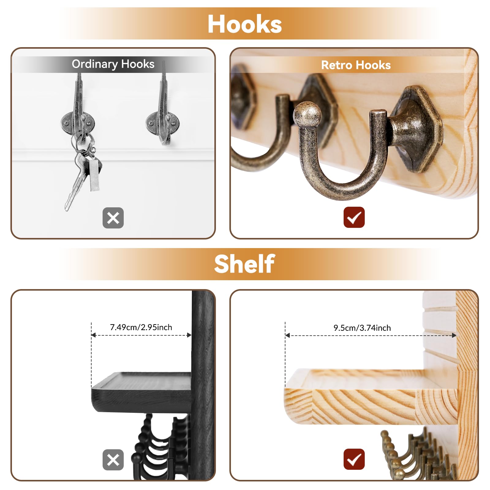Colgador Llaves Pared Cuelga Llaves con 6 Ganchos Porta Llaves de Pared para Salón, Entrada, Pasillo, Oficina (Color Madera)