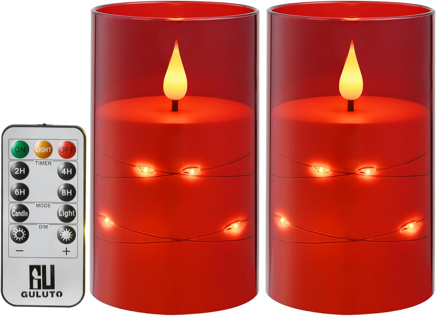 Flameless LED Candles, Non-breakable Battery Operated Candles with Embedded Star String, D 3"×H 5", Set of 2, Flickering Pillar Candle with Remote and Timer for Birthday Home Decoration (Red)