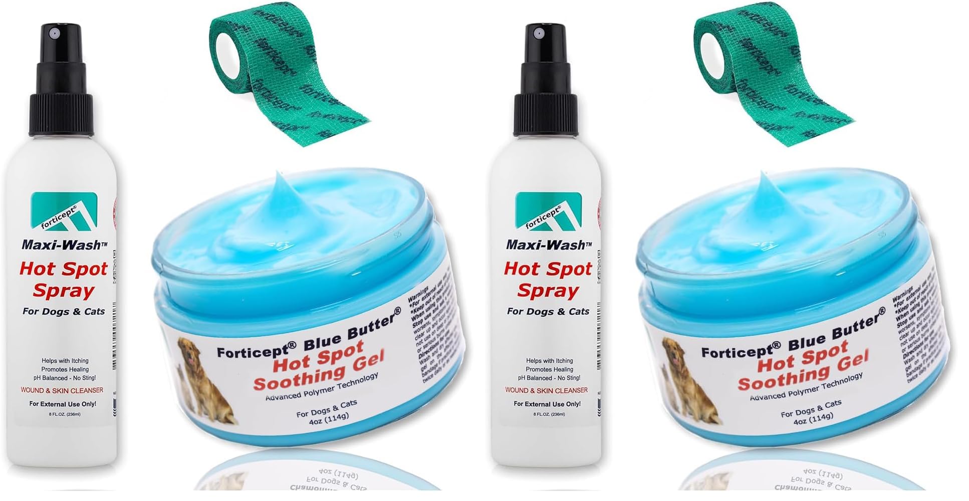 Forticept Hot Spot Treatment and Wound Care Kit for Dogs&amp;Cats |Hotspot Wound Wash Spray 8oz + Wound Care Ointment 4oz + 2" 5 Yards Wound and Paw Bandage Wrap | First Aid Kit (Pack of 2)