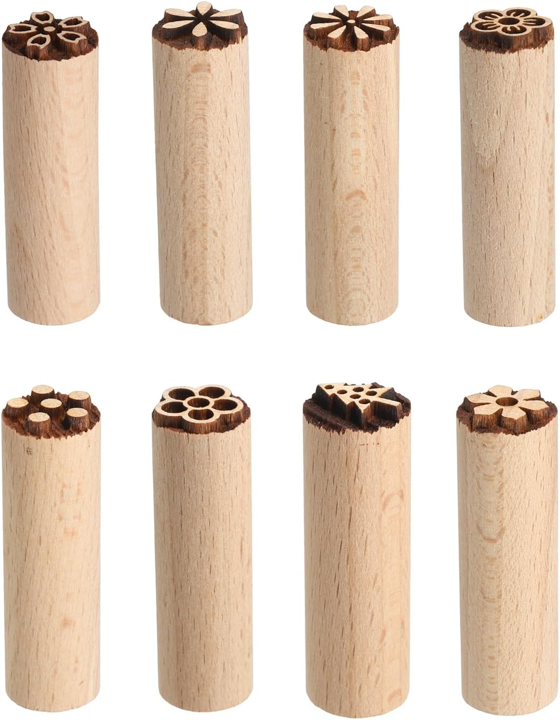 HARFINGTON 8pcs Wood Pottery Tools Stamps 0.6" Dia 2" Length Wooden Natural Clay Pottery Stamps Set Floral Pattern for Cookie Cake Dessert