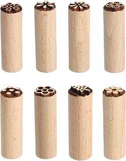 HARFINGTON 8pcs Wood Pottery Tools Stamps 0.6" Dia 2" Length Wooden Natural Clay Pottery Stamps Set Pine 7 Floral Pattern for Cookie Cake Dessert