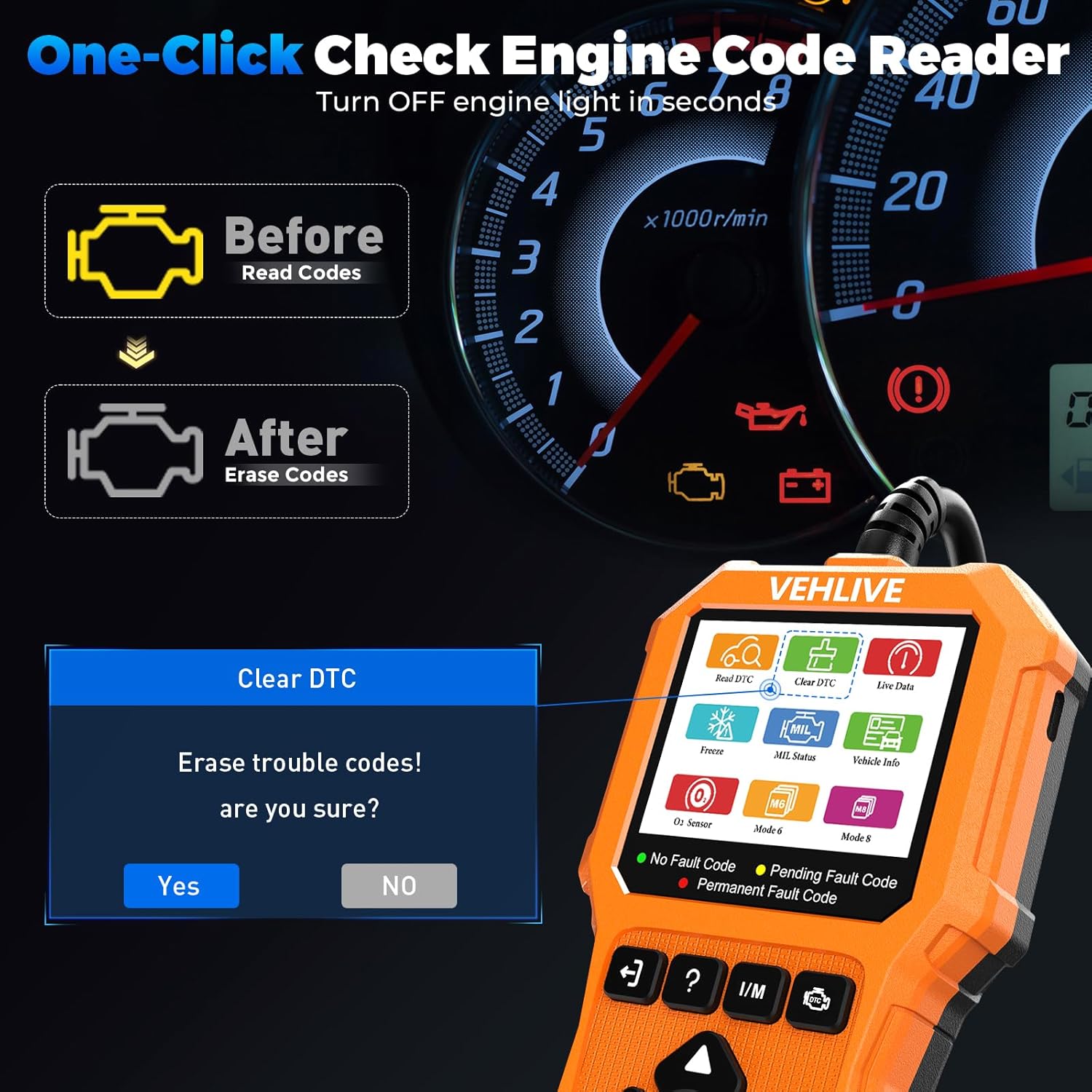 OBD2 Scanner Diagnostic Tool, Check Engine Light Car Code Reader with Reset, Battery Tester, Live Data, Freeze Frame, I/M Readiness, Car Scanner Diagnostic Tool for All OBDII Car After 1996