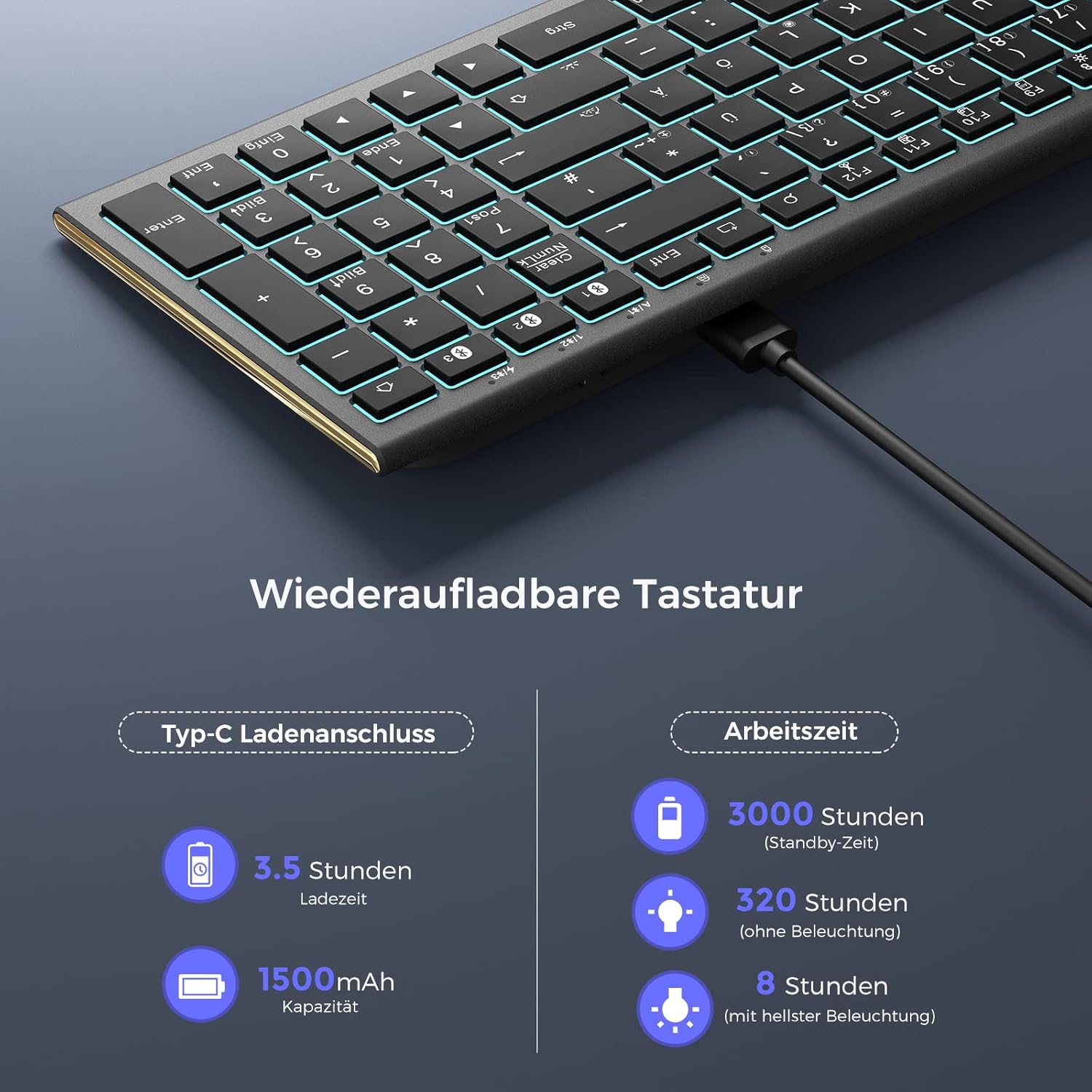 Diagram showing the keyboard connecting to three different devices via Bluetooth.