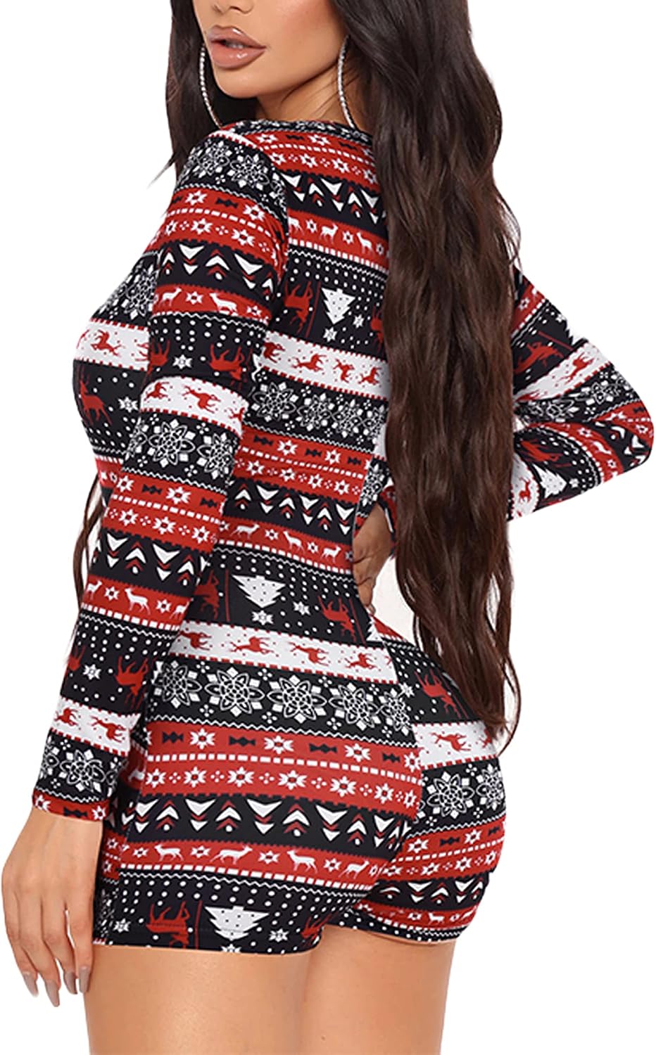 Women Christmas V-Neck Shorts Jumpsuit One Piece Bodysuit Pajama Long Sleeve Bodycon Rompers Overall Sleepwear