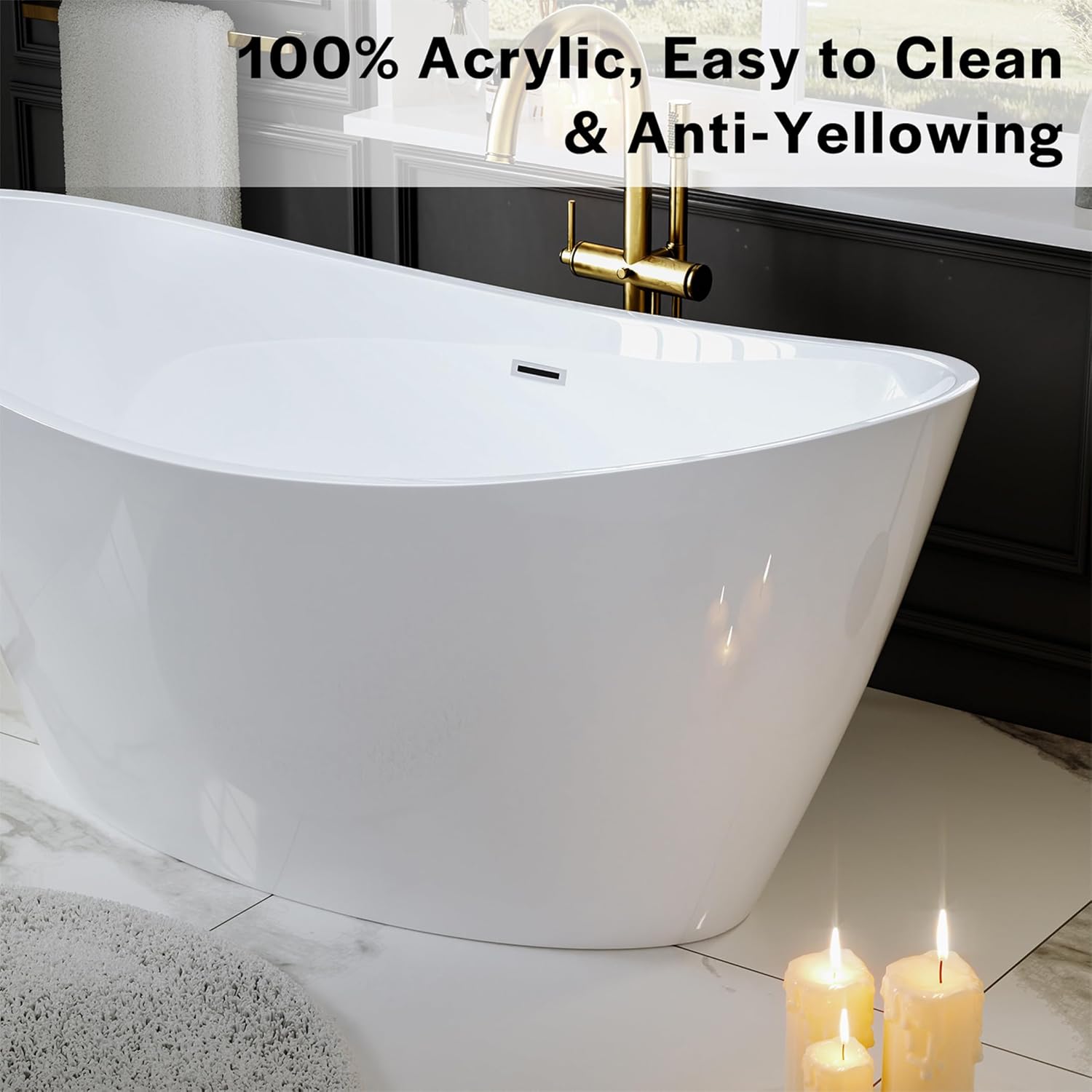 Empava Freestanding Bathtub, Acrylic Soaking Tub with Brushed Nickel Drain & Overflow – Modern Standalone Shower Tub, Non-Slip Flat Bottom Design, Glossy White, 59 Inch,cUPC Certified - Image 5