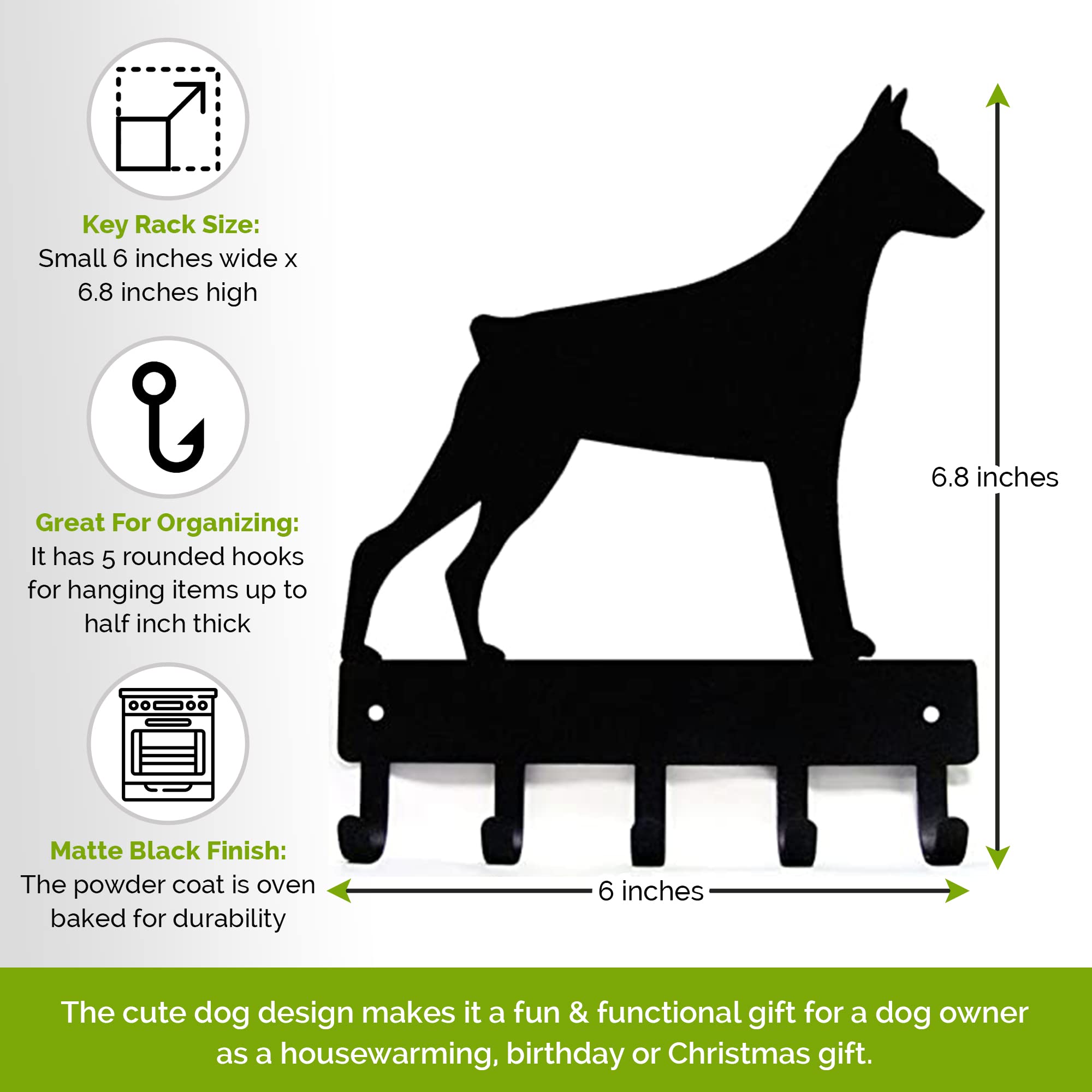 Doberman Dog - uchwyt na klucze na ścianę, mały 15 cm szerokości, wyprodukowany w USA; prezent dla miłośników psów, dekoracja, organizacja, przechowywanie; wejście, korytarz, biuro