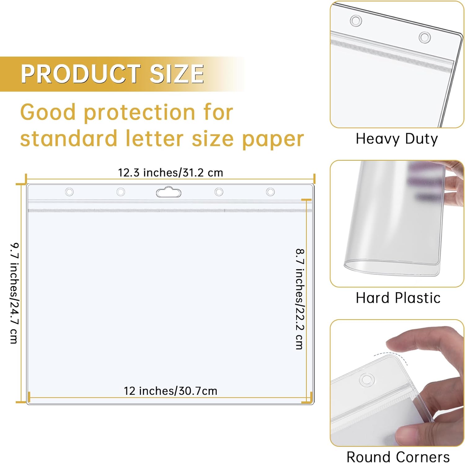 AKONEGE 12PCS Hard Sheet Protectors 8.5 x 11 Waterproof Resealable Zip Page Protectors Clear Hard Plastic Sleeves for Photos Birth Certificate, Heavy Duty Document Holder Wall Sign Holder, Horizontal