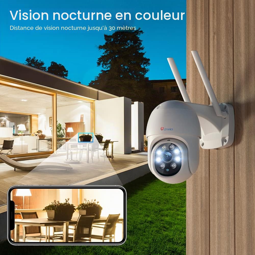 Ctronics 4MP Caméra Surveillance WiFi Extérieure 2.4/5Ghz WiFi PTZ Caméra IP Vision Nocturne Couleur Détection Humaine Suivi Automatique Audio Bidirectionnel Étanche IP66 | PTZ Caméra IP Vision Nocturne Couleur Détection Humaine Suivi Automatique Audio Bi