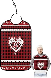 BOBOWUNY Valentines Love Heart Adult Bibs for Elder Women Men Eating, Red and Black Buffalo Plaid Waterproof & Washable Bibs for Eating Clothing Protector Dining Bibs for Crumb Catcher
