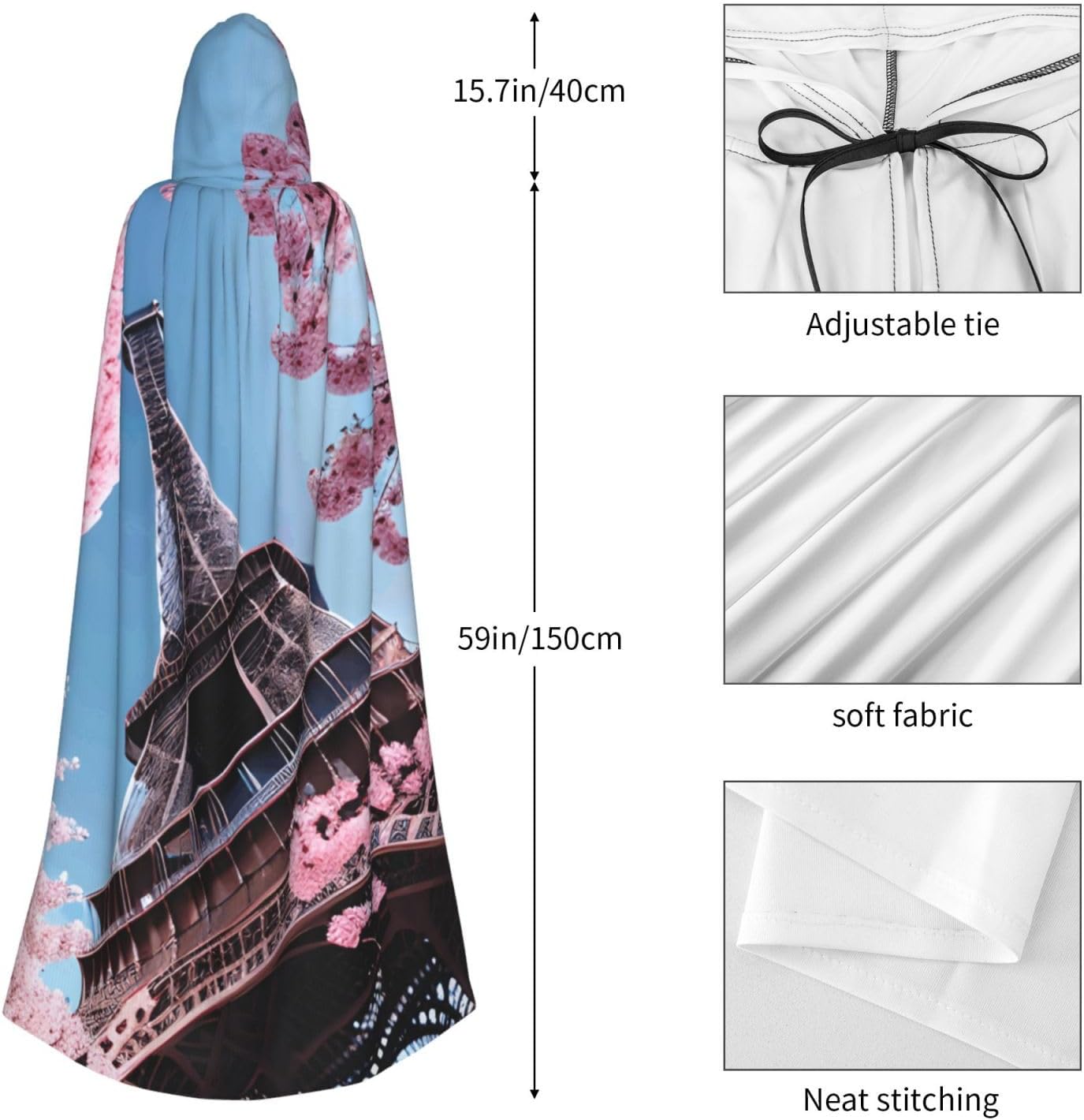 Oil Painting Paris Eiffel Tower print Halloween Hooded Robe Cloak for Adult Men Women Wizard Vampire Knight Fancy Cape Costume