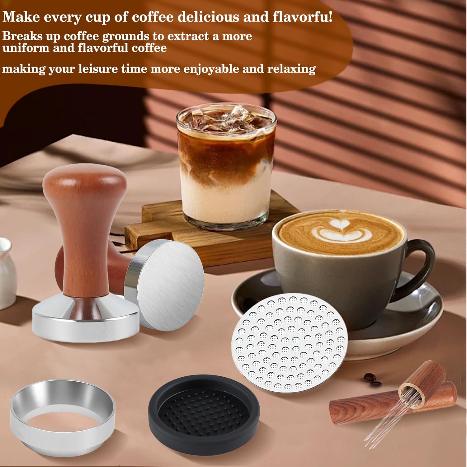 53mm Espresso Accessories Kit, Wooden Handle Espresso Tamper, WDT Tool, Puck Screen and Dosing Funnel Set Fits Delonghi 53 mm Espresso Coffee Machines and Portafilter, Barista Tools