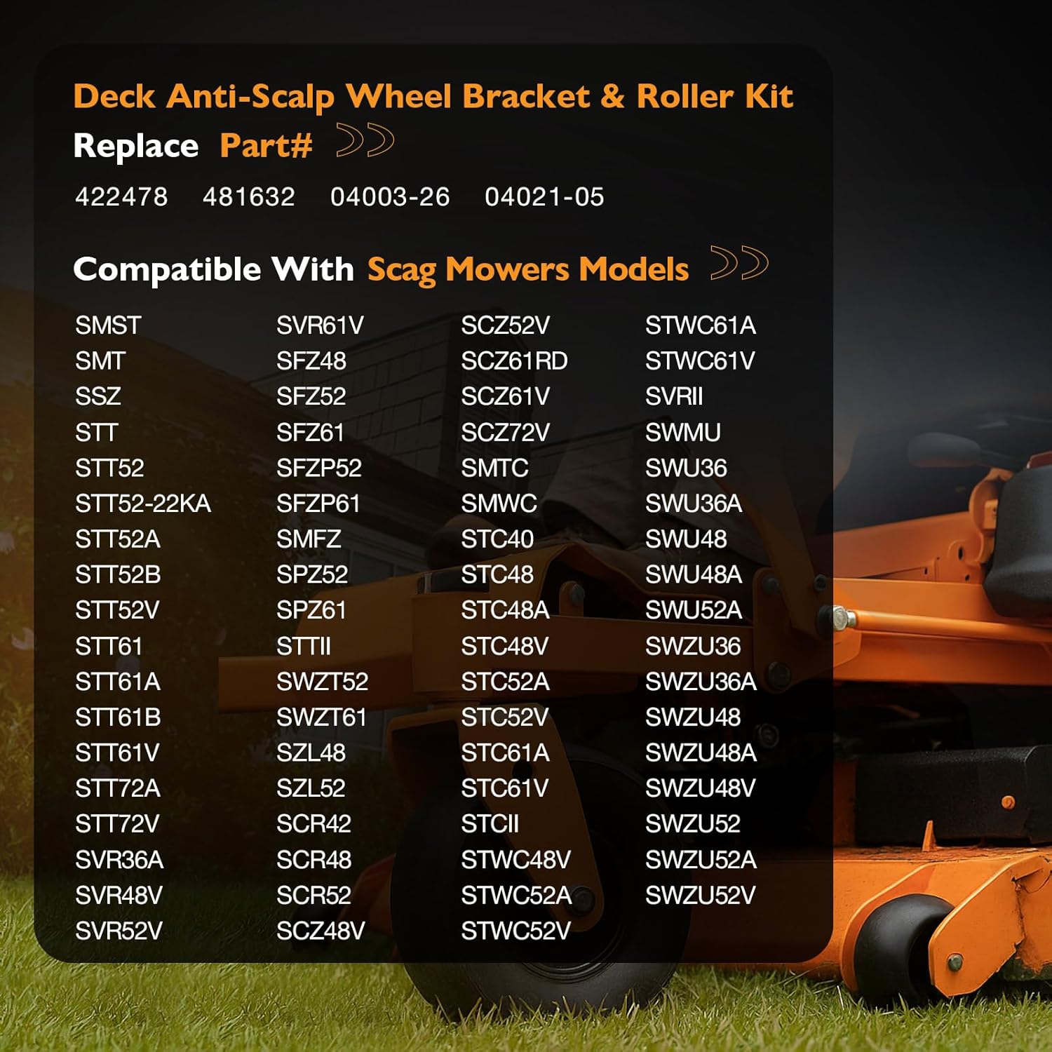 HQPASFY 422478 Deck Anti-Scalp Wheel Bracket & 481632 Roller Kit, Compatible with Scag Mowers SMST/SMWC/STT52/STT61A/SFZ52/SFZP52/SWZT61/SZL48/SCR42/SCZ61RD/STC40/STC48V & More (2 Sets)