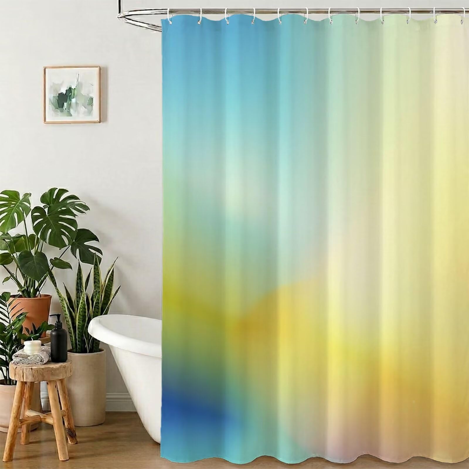 Rideau de Douche 180x220 cm - Tissu Polyester Imperméable Anti-Moisissure - 12 Anneaux Inclus - Ourlet Lesté pour Stabilité - Lavable en Machine - Idéal de Baignoire et Douche - Jaune & Bleu Y1#528