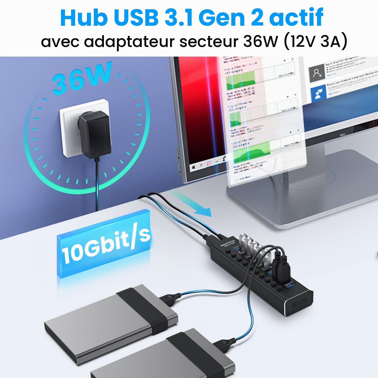 RSHTECH Hub USB 3.0 à 10 Ports Aluminium, Hub USB 3.1 Alimenté, RSH-A10S