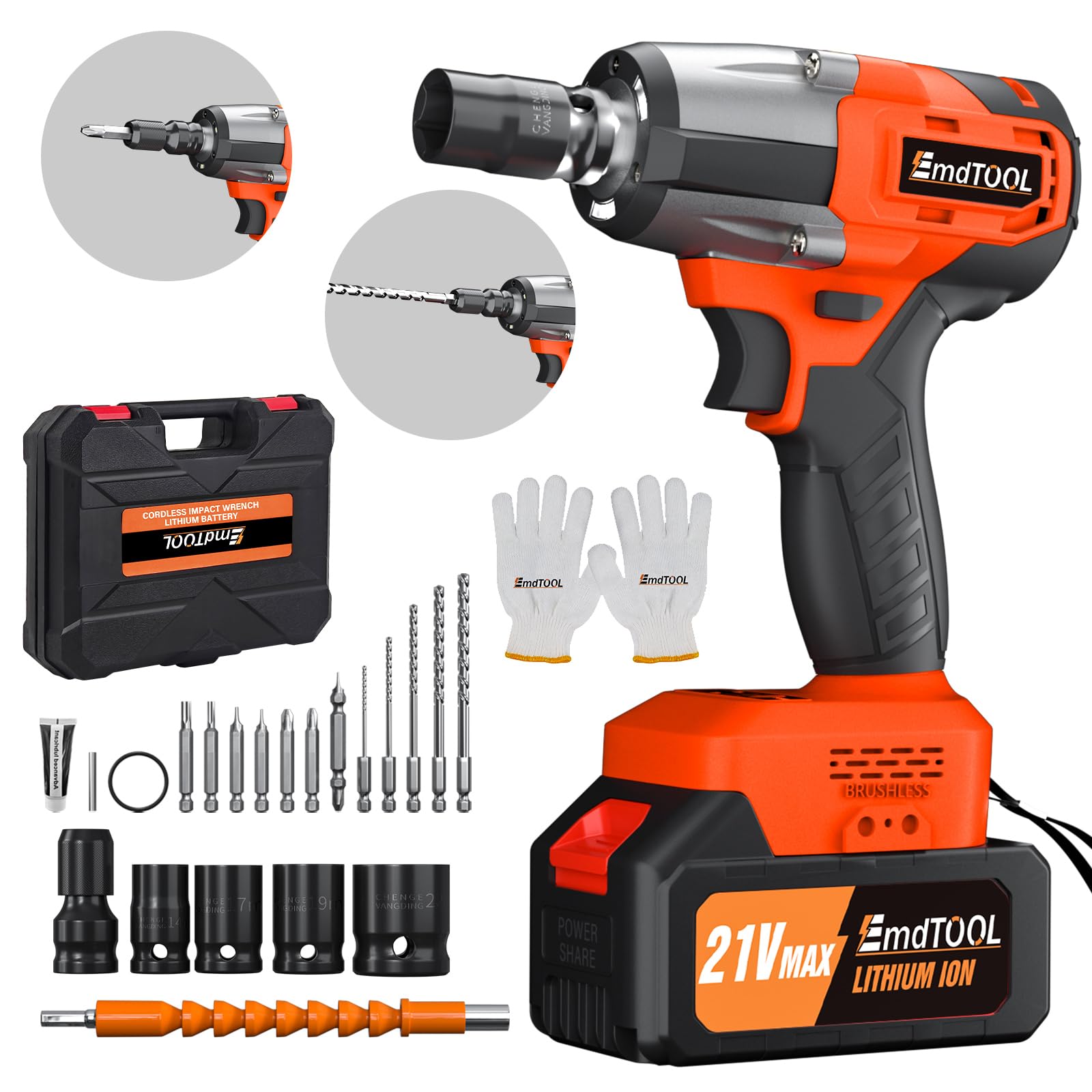 55ONM Cordless Impact Wrench, 1/2" Brushless Electric Wrench, 600W Power Impact Gun with 3400RPM, LED Light, Fast Charge, Electric Impact Gun with 4 Sockets and 12 Bits for Car (4000mAh, Orange)