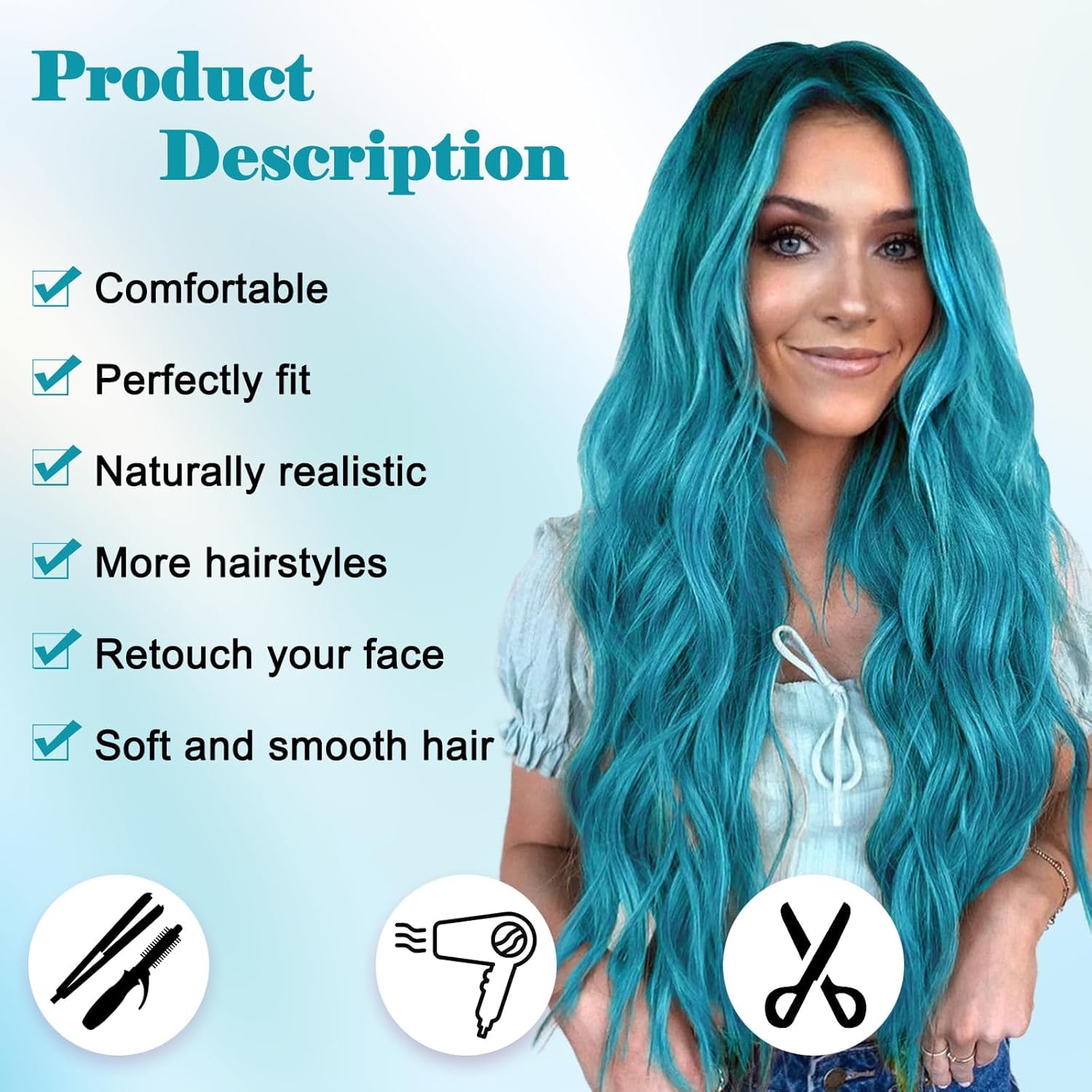 PORSMEER Long Ombre Bluish Light Blue Wavy Wig for Women 26 Inch Middle Part Lace Hairline Curly Wavy Wig Natural Looking Synthetic Heat Resistant Hair for Halloween Party or Daily Use - Image 4