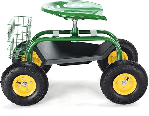 Miniatura 5 de Giantex Asiento de trabajo de jardín rodante, asiento de trabajo de jardinería giratorio 360 con ruedas, cesta de herramientas, altura ajustable,
