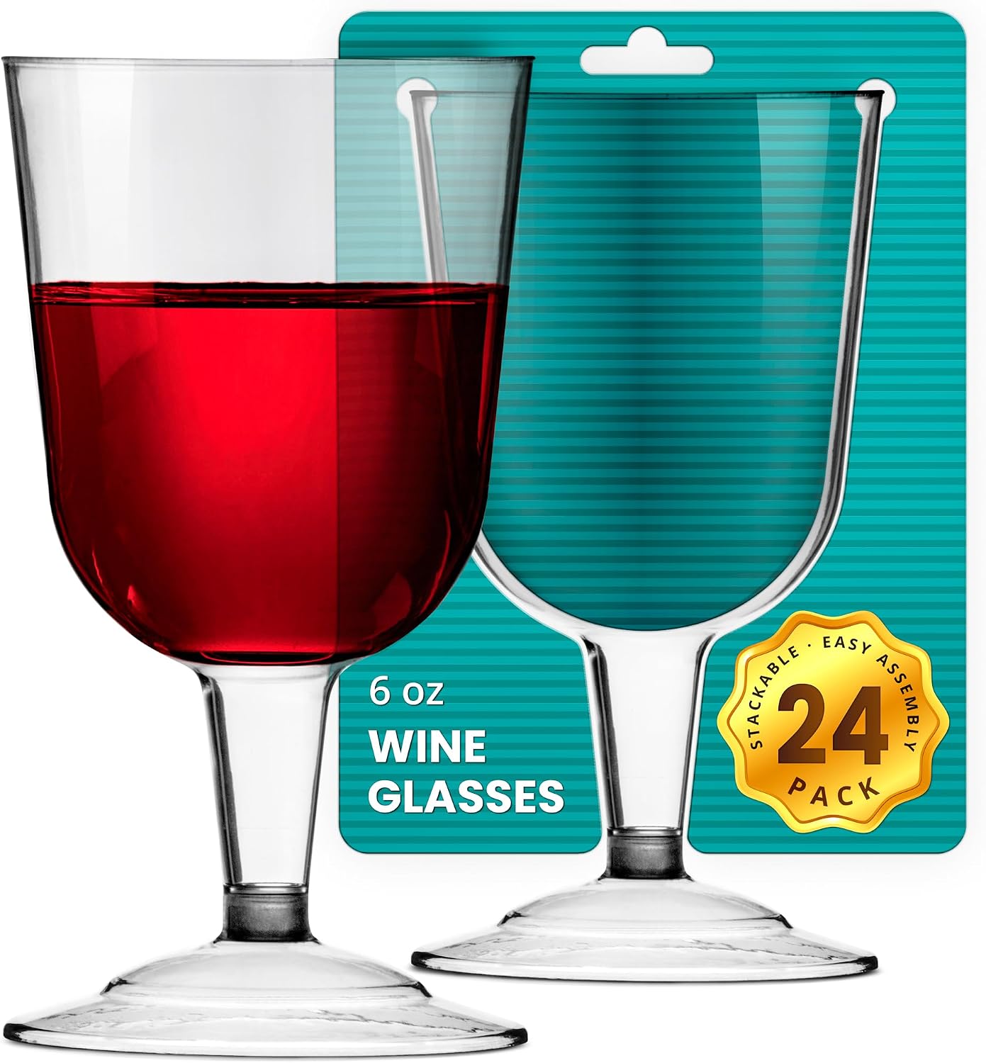 DecorRack 24 Plastic Wine Glasses, 6 oz, BPA-Free Stemmed Party Cups