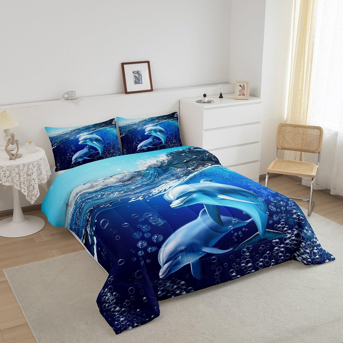 Castle Fairy Kids Lovely Dolphin Queen Size Comforter Set Happy Dolphins Mom and Son Ocean Animal Theme Bedding Gift for Boys Girls Room Blue Sea Wave Quilted Duvet with 2 Pillowcase,3 pcs