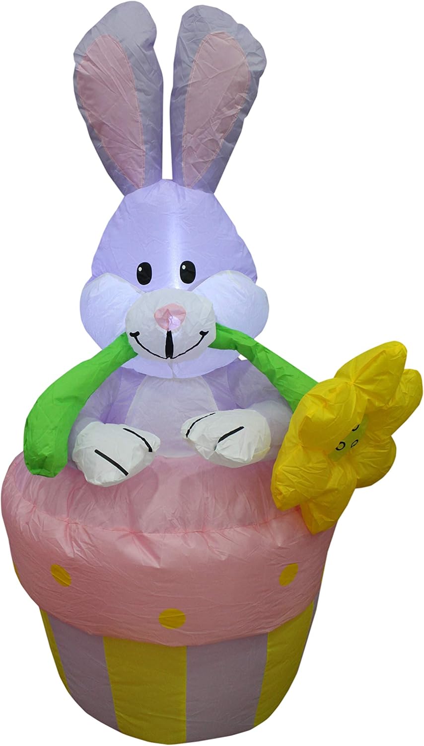 4 Foot Tall Easter Inflatable Bunny Rabbit with Flower on Flowerpot Pre-Lit LED Lights Outdoor Indoor Holiday Blow up Lighted Yard Lawn Home Family Outside Decor Party Decoration