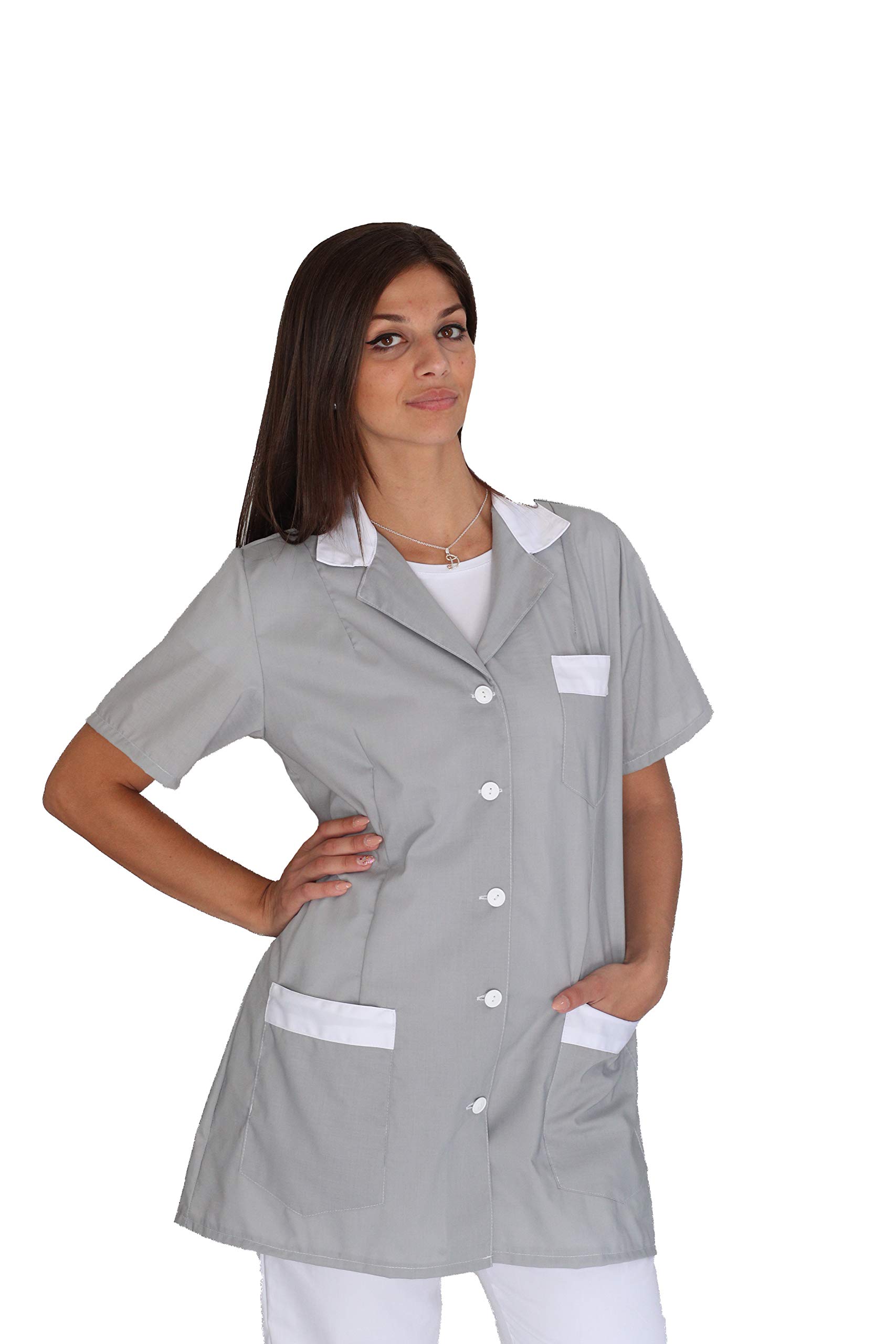 Ricamo Gratuito Camice da Lavoro Donna - Grigio e Bianco - Divisa per Maestra, Imprese di Pulizia, Parrucchiera, Estetista, Scuola Infanzia - Casacca Personalizzata