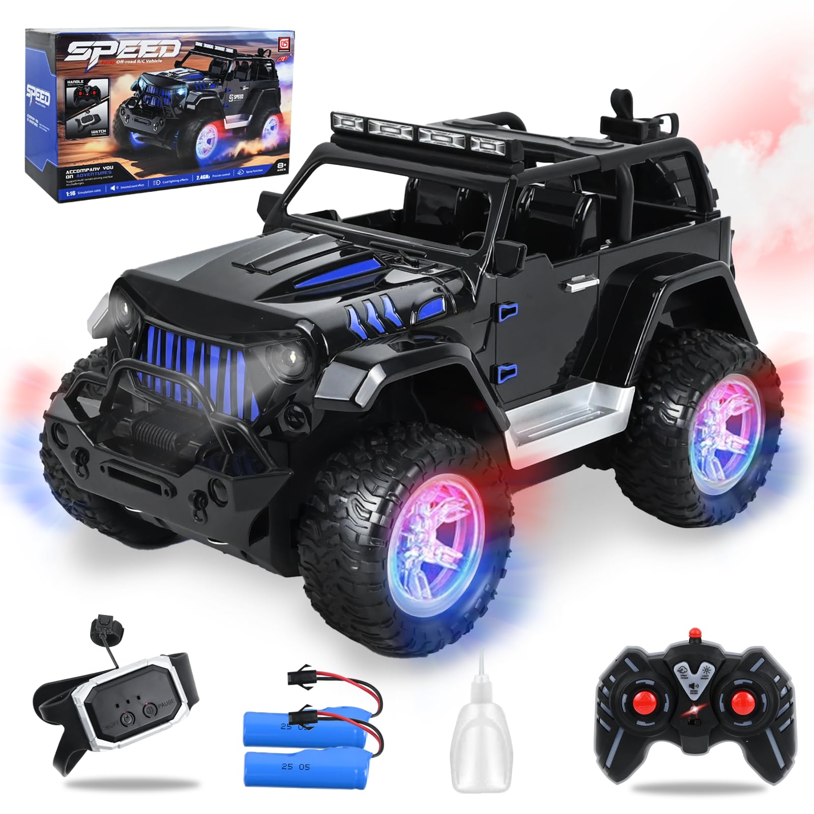 PATEMZON Macchina Telecomandata per Bambini, 2,4GHz Auto RC, Fuoristrada Telecomandato, SUV Telecomandato con Luce, Nebbia Spray, Suono, 2 Batterie 60Min, Regalo per Ragazzi Ragazze 6-16 Anni