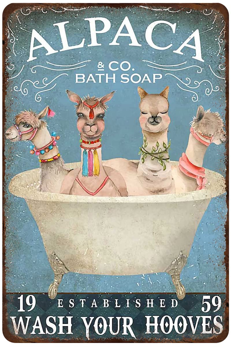 Loyience Retro Metal Tin Sign Alpaca Poster, Alpaca And Co. Bath Soap, 19 Established 59, Wash Your Hooves Funny Bathroom Retro Toilet Bathroom Washroom Wall Decor (8X12Inch) Farmhouse Decor Gifts