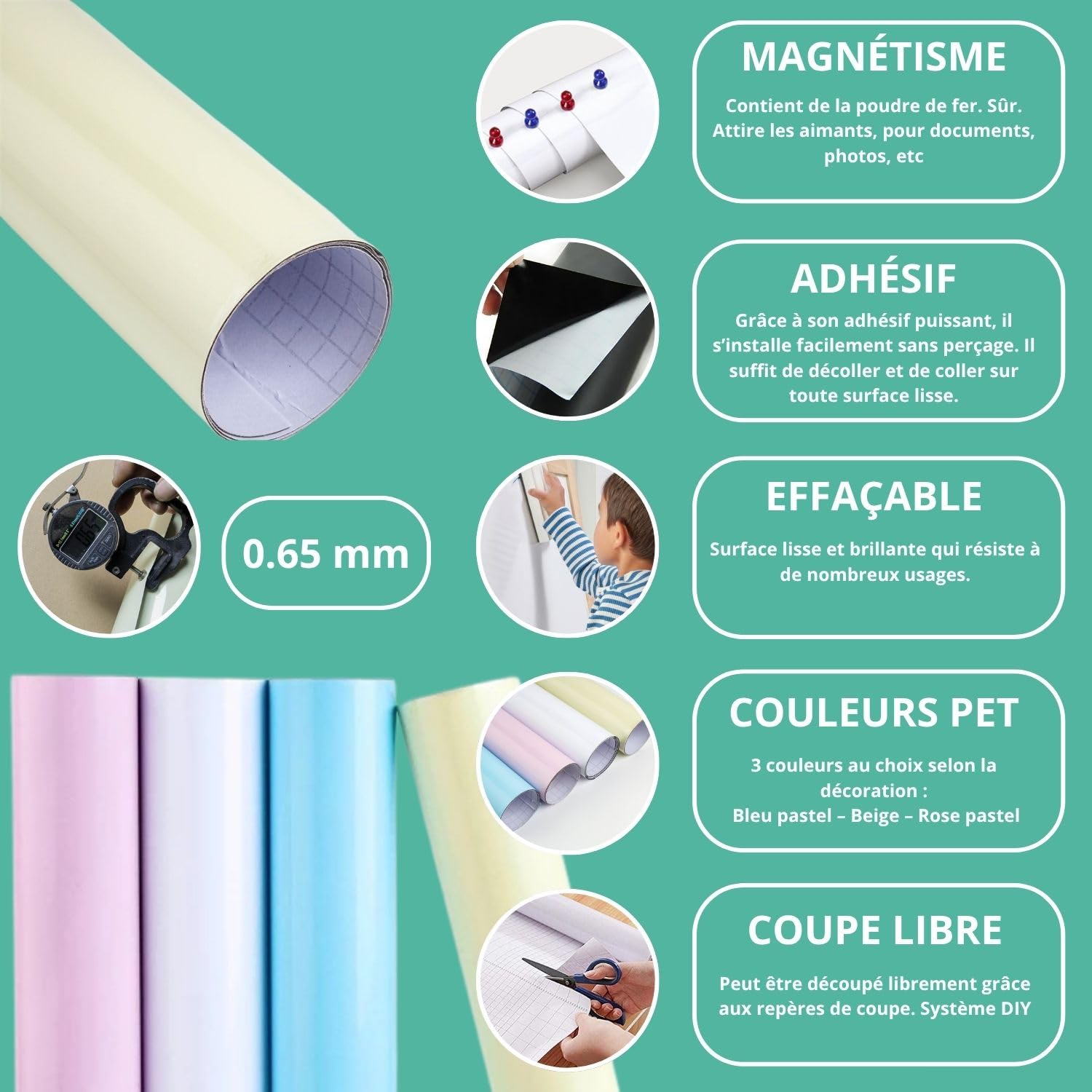 Tableau Blanc Magnétique Autocollant Couleur – Film Effaçable à Sec Flexible, Surface Lisse et Résistante, Idéal Bureau, Maison et Décoration Intérieure – 3 Couleurs (BLEU 120 X 60 cm)