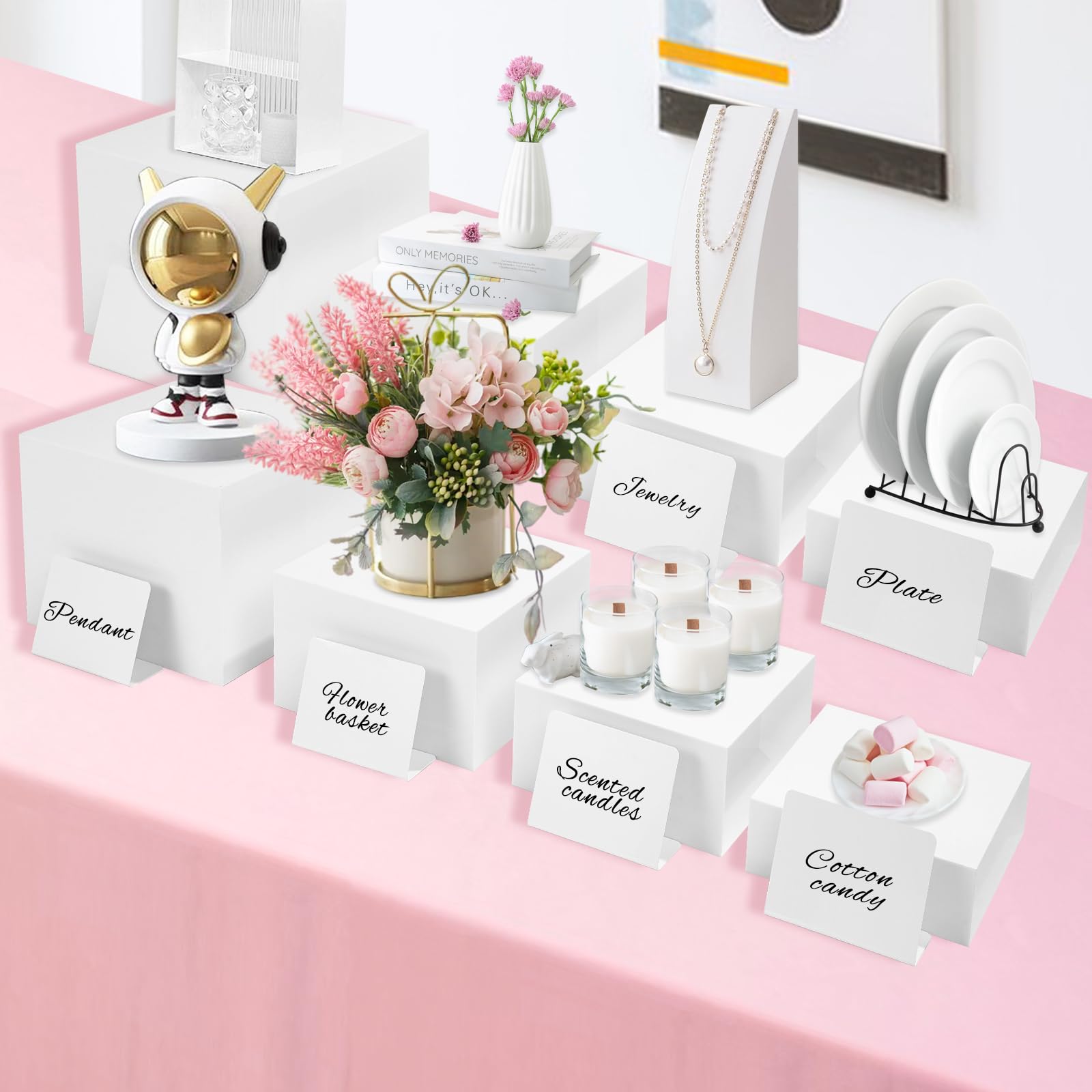 Lot de 8 rehausseurs de buffet en acrylique avec mini panneaux de buffet - Présentoir de table - Différentes tailles - Présentoir alimentaire pour figurines de collection