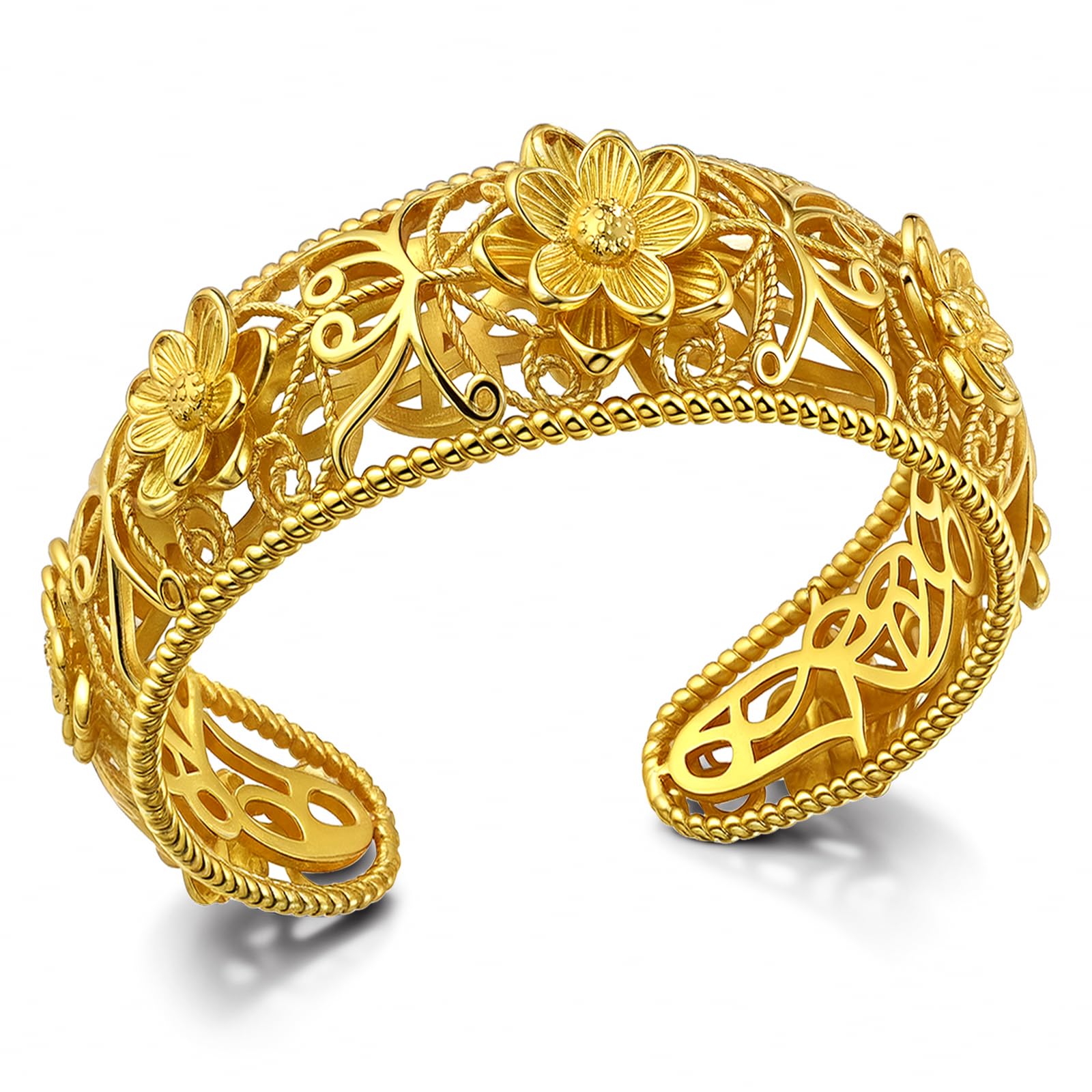 Photo 1 of Desnuage 14K Gold Plated Filigree Hollowed Lotus Vintage Cuff Adjustable Antique Bangle Retro Bracelet Jewelry for Women