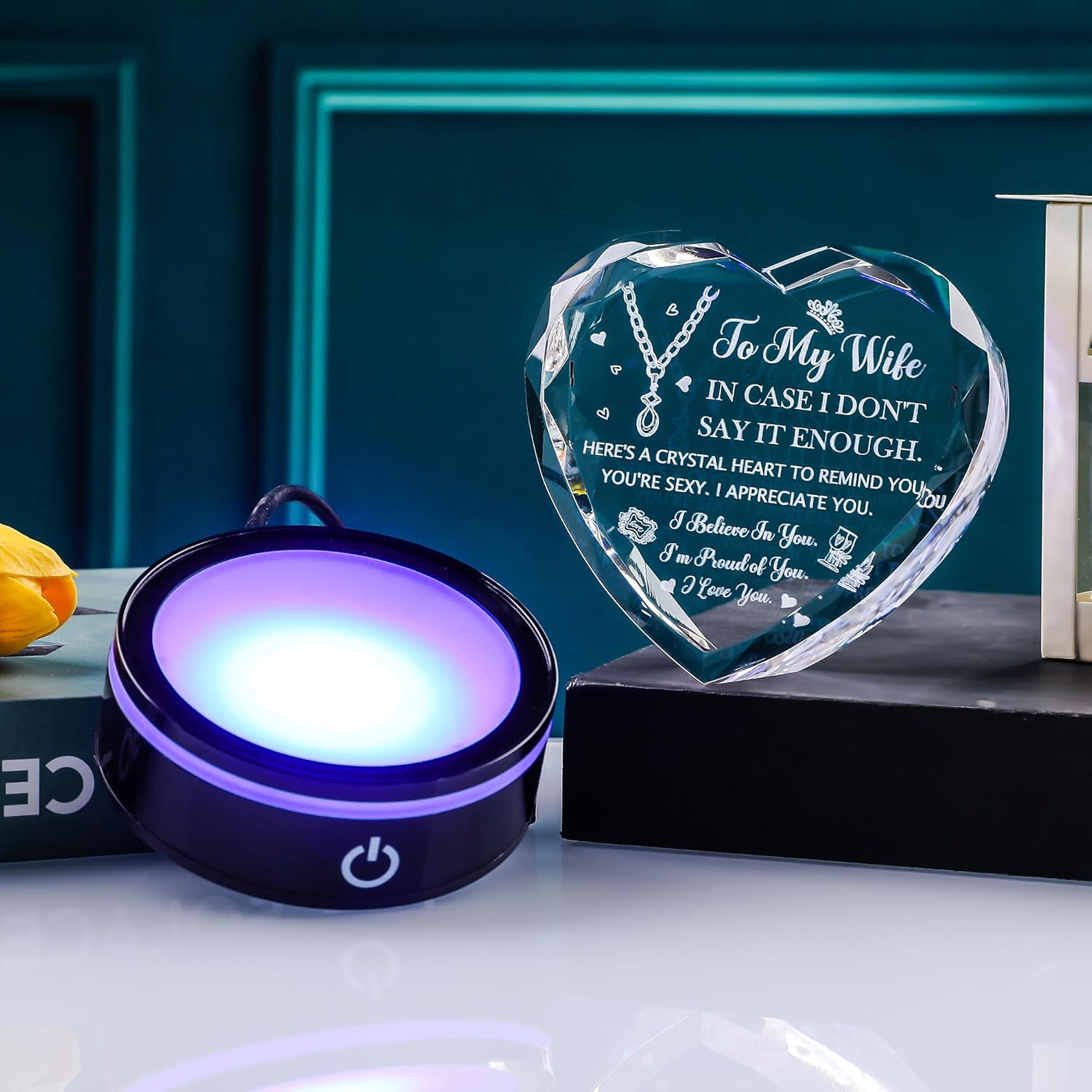 To My Wife Gifts, "I Love You" 3D Laser Engraved in Heart K9 Crystal with 6-Color LED Base & Gift Box, Romantic Anniversary Valentine's Birthday Gift for Wife from Husband, Eternal Keepsake Home Decor - Image 6