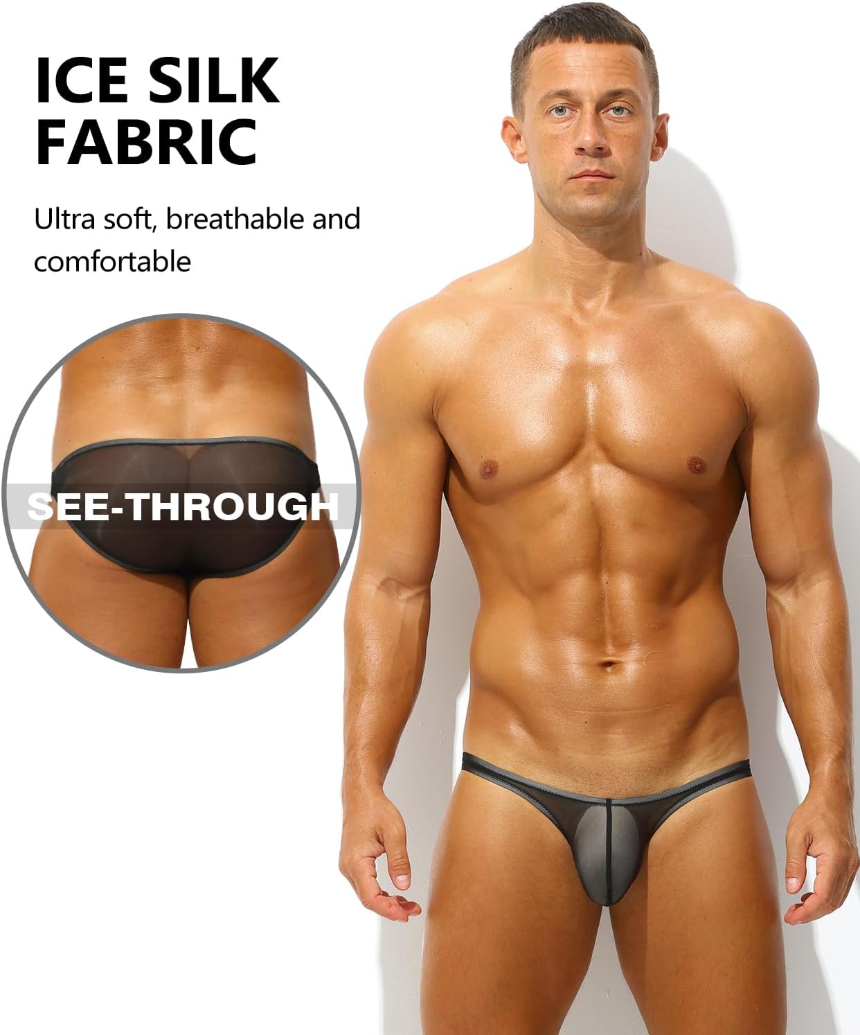 Men's Sexy Low Rise Briefs See-through Ice Silk Bikini Soft Sheer Bulge Pouch Underwear