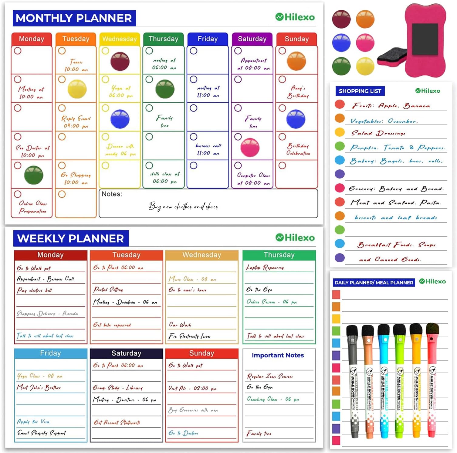HILEXO16 Pack Magnetic Whiteboard Planner | Weekly Monthly Kitchen Planner| Dry-Erase Magnetic Calendar Schedule Organizer For Fridge with Fine Tip Markers Eraser