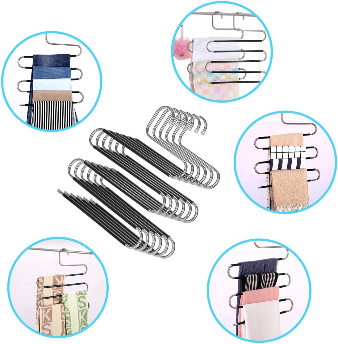BEWISHOME 6 Pack Pants Hangers, Pants Hanger Space Saving with 10 Clips, Non Slip Closet Storage Organizer, Multi-Layer Stainless Steel Hangers for Scarf Jeans,Ties,Towels,FKC01W