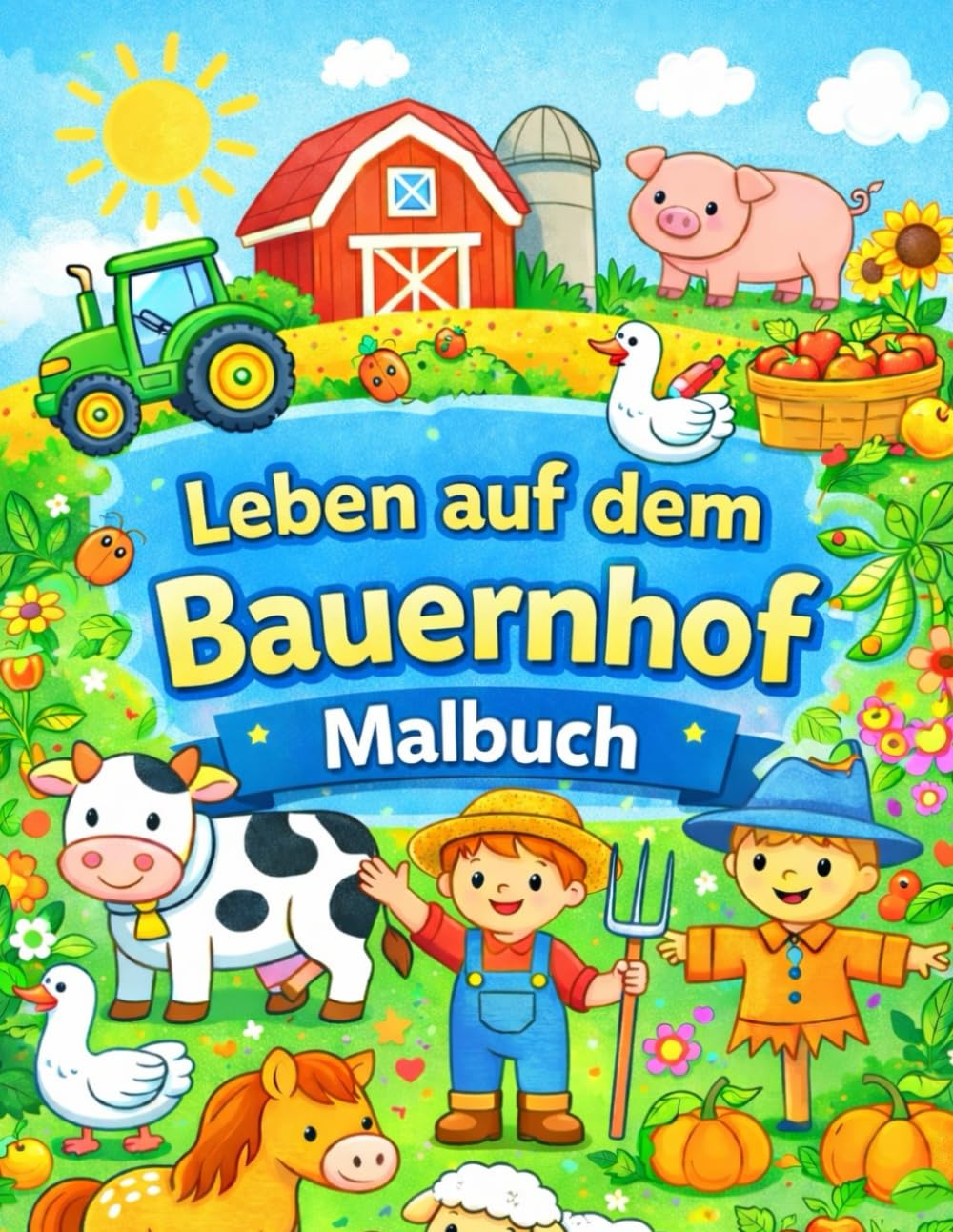 Ausmalbild Bauernhof für Kinder von 3-8 Jahren: Einfaches Ausmalbuch für Kinder von 3–8 Jahren mit Tieren, Traktoren und dem Landleben