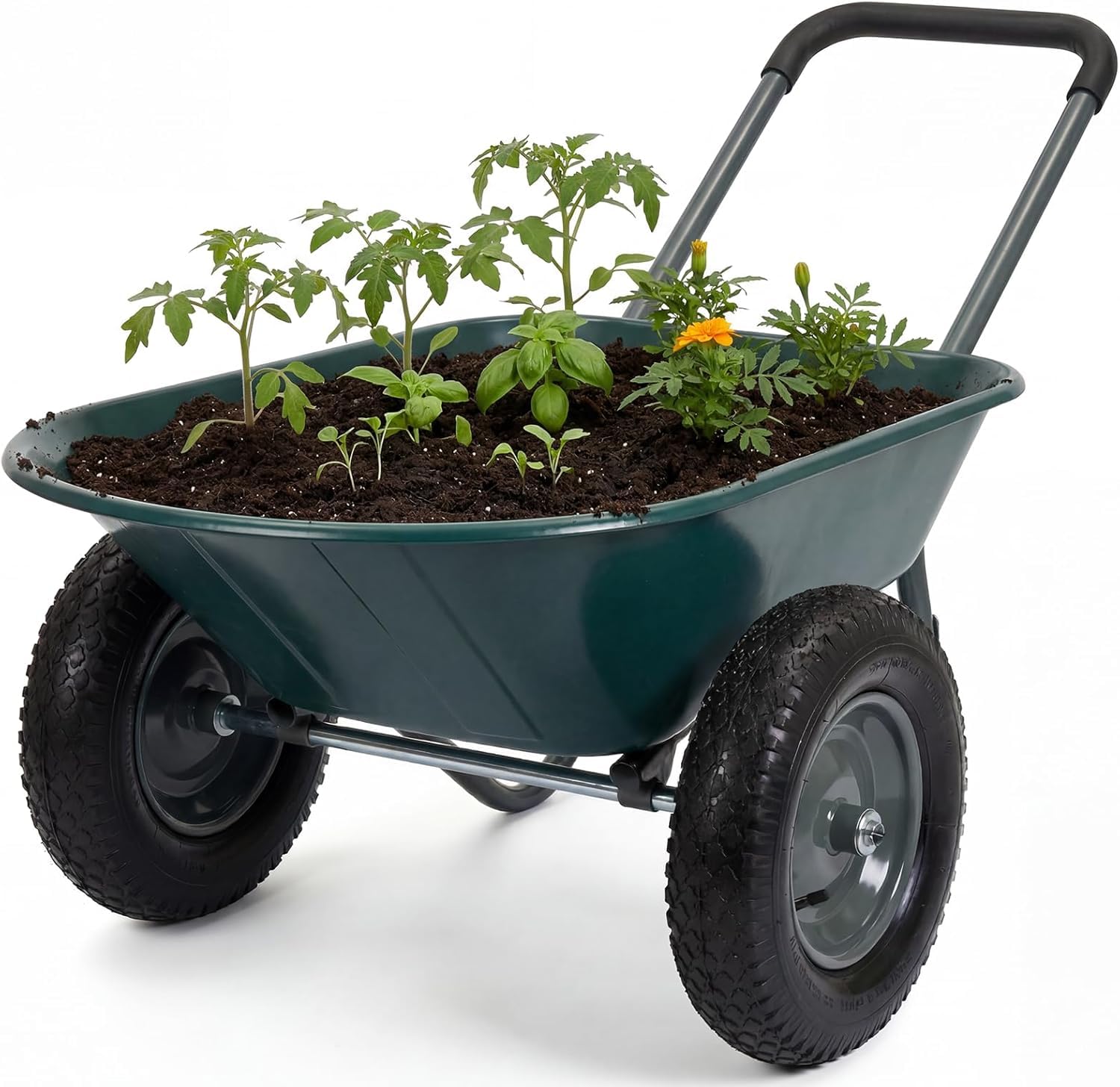 Brouette avec 2 Roues Chariot pour Jardinage de Transport Chariot de Jardin à Main Robuste Béquille Capacité de Charge 270kg Remorque Jardinerie Utilitaire pour ExtéRieuréRieur Pelouse la Terre, Vert