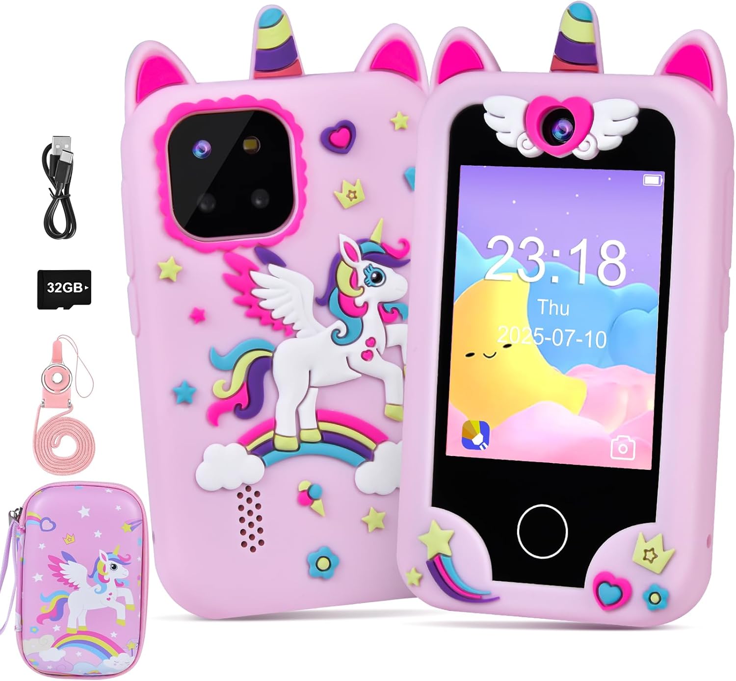 Kids Smart Phone for Girls, Toddler Unicorn Phone Toys for 3-10 Year Old Girl, Kids Mobile Phone Toy with Dual Cameras, 2.8 Inch Touchscreen, Music Player, Games, 32 GB Card and Bag (Pink)