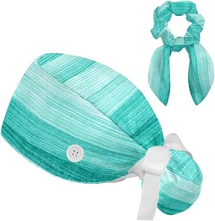 FVQL 2 Pieces Surgical Cap for Long Hair Scrub Cap with Hairband Nurse Cap, Abstract Pattern Turquoise Wooden